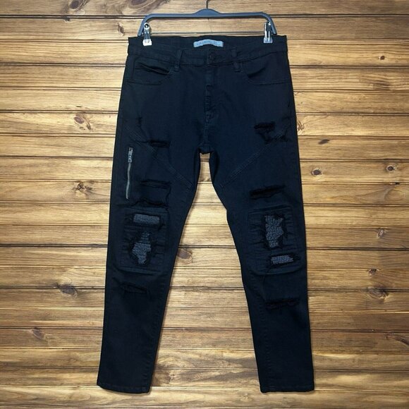 Zara Man Moto Jeans Mens Size 32x32 Black Distressed Tapered Leg Stretch - Picture 1 of 9